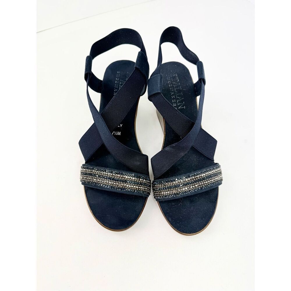 Italian Shoe Company Navy Blue Crisscross Elastic Rhinestone Toe Wedge Sandals